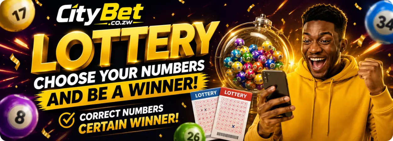 Lottery banner with numbered balls, tickets and a player choosing numbers on his phone