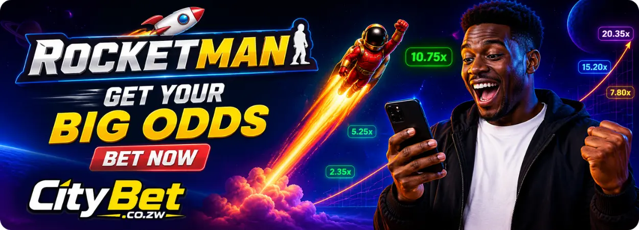 Rocketman crash game banner with rising odds multipliers and a player watching the rocket climb on his phone