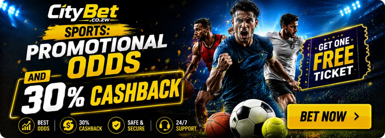 CityBet sports banner: promotional odds, 30% cashback and a free ticket, with footballers celebrating