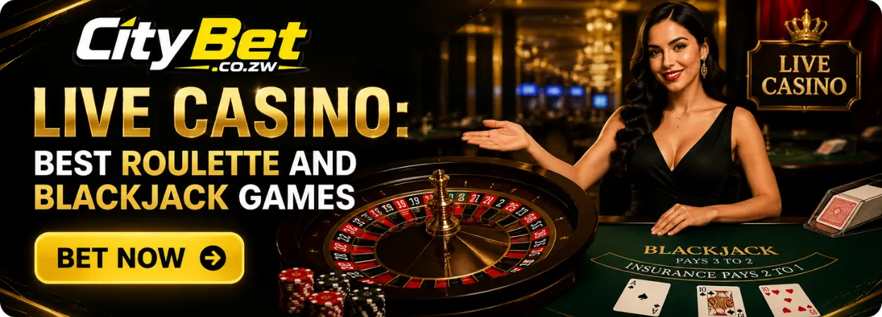 Live casino banner showing a live dealer at a roulette table beside blackjack cards