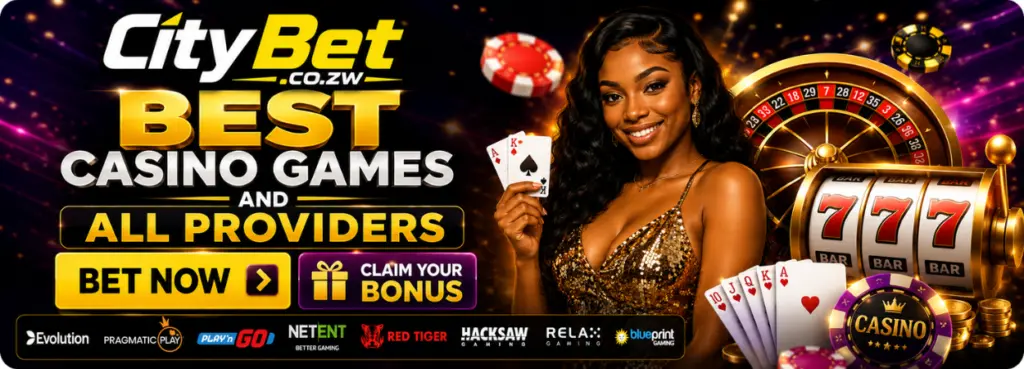 Casino banner for CityBet best games and all providers, with playing cards, chips and a 777 slot reel