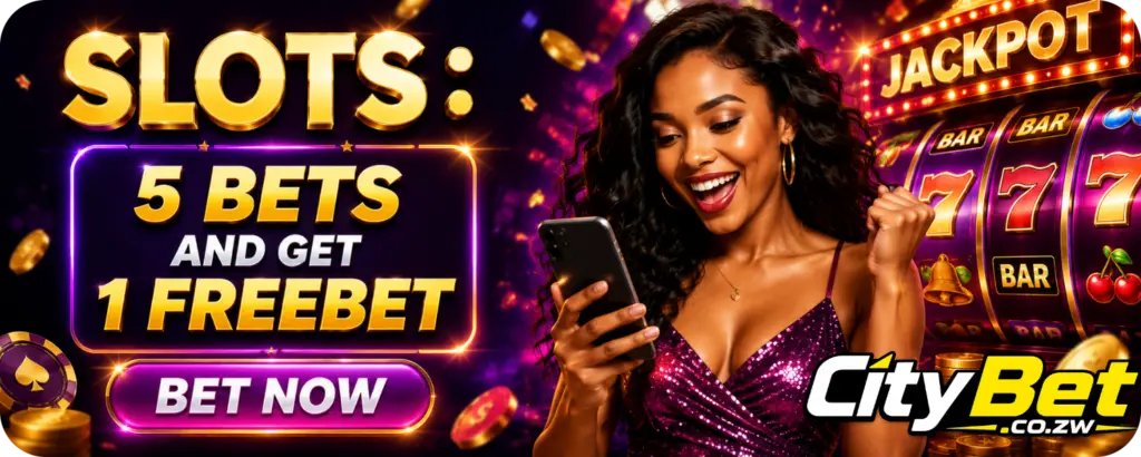 Slots banner offering one free bet after five bets, with jackpot reels and a player on her phone